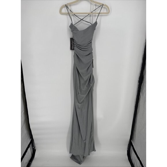 La Femme Size 4 Silver Gray Tie Back Satin Maxi Cocktail Prom Gown Dress Slit - Picture 4 of 10